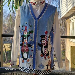 Daisy Kingdom Tuxedo Junction Blue Penguin Adult Ugly Christmas Cotton Vest L*